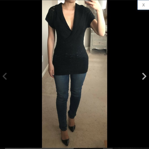 V-Neck Pointelle Wrap Shawl Collar Sweater Tunic - Picture 1 of 5